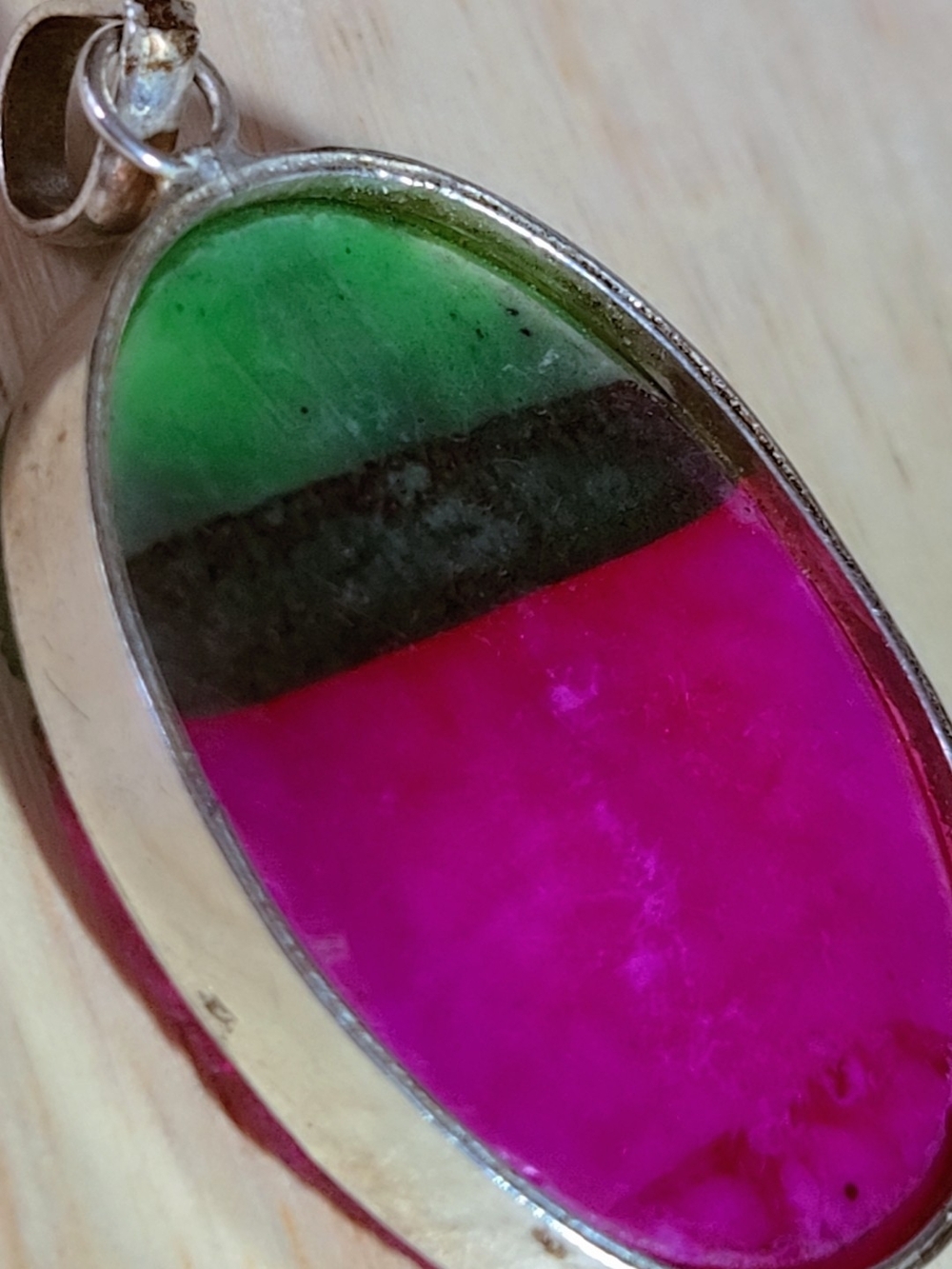 Green and Pink Watermelon Crystal Druzy Oval Pendant In 925 Silver - Picture 8 of 15